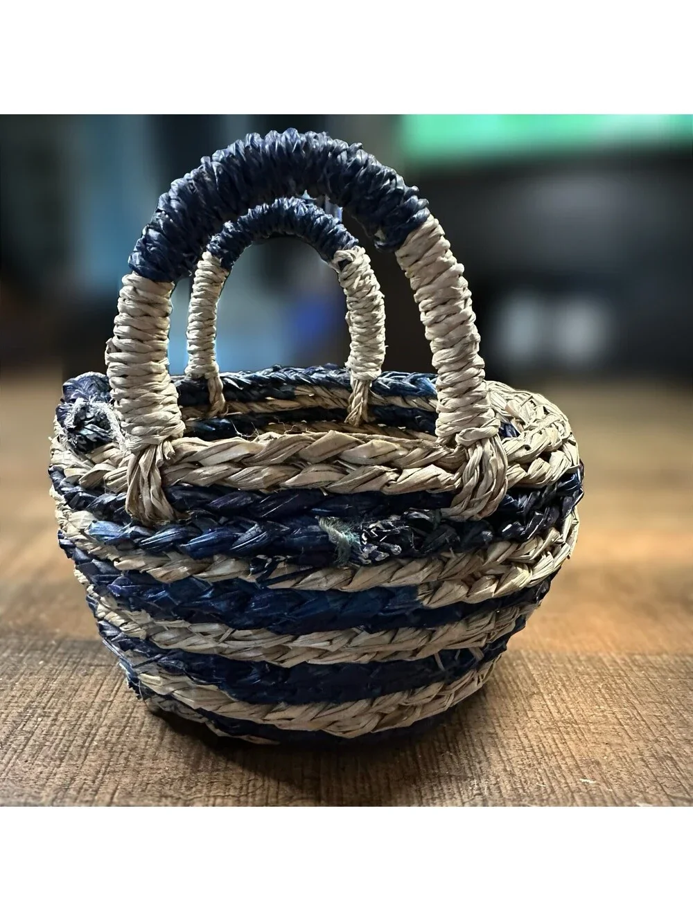 Vintage Handwoven Straw Basket with Blue Accents